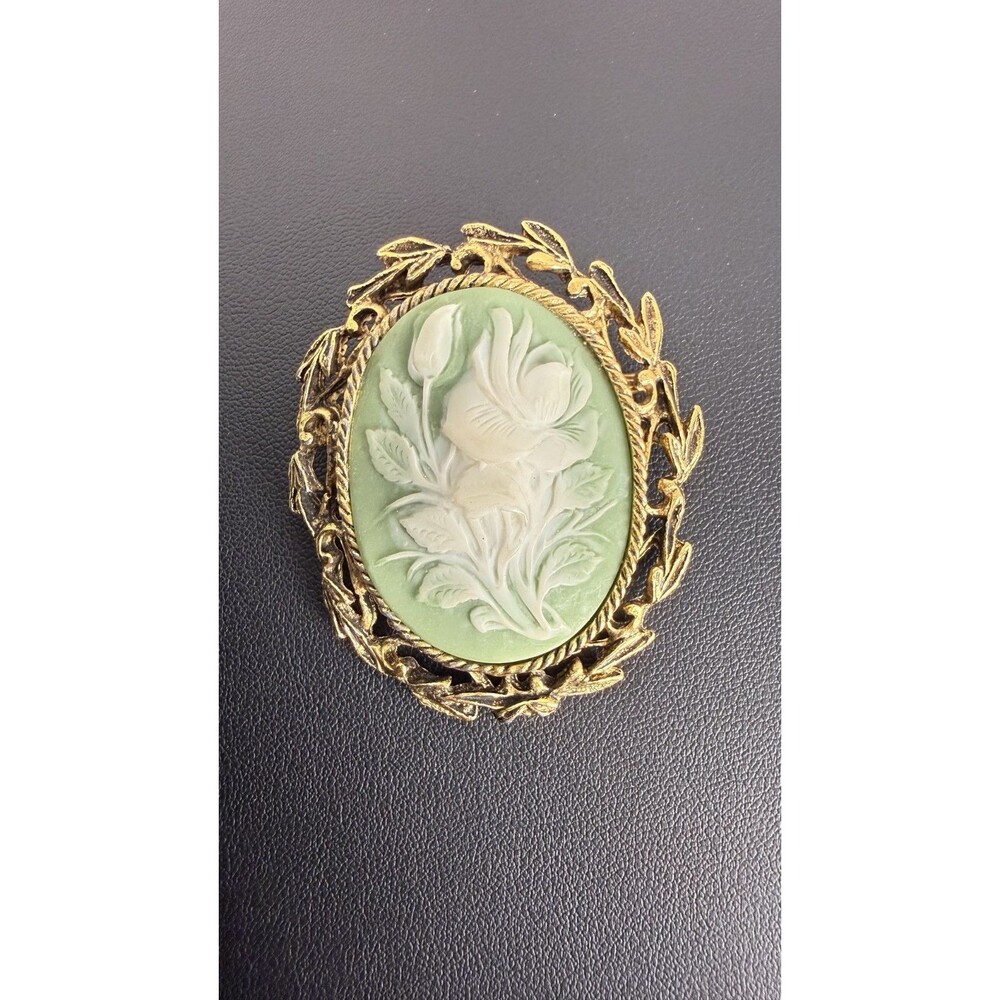 Vintage Sage Green Floral Rose Cameo Brooch Gold Tone Leaf Frame Pin